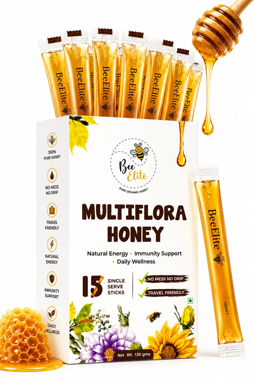 BeeElite Multiflora Honey pack with golden honey splash