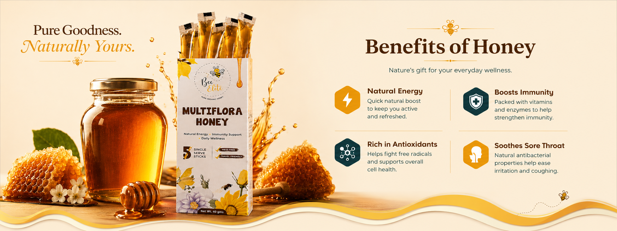 Bee Elite - Benefits of Honey: Pure Goodness, Naturally Yours. Featured next to a jar of organic honey and a box of Multiflora Honey twigs.