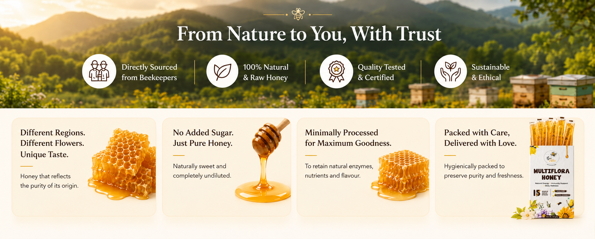 From Nature to You, With Trust - Directly Sourced from Beekeepers, 100% Natural & Raw Honey, Quality Tested & Certified, Sustainable & Ethical